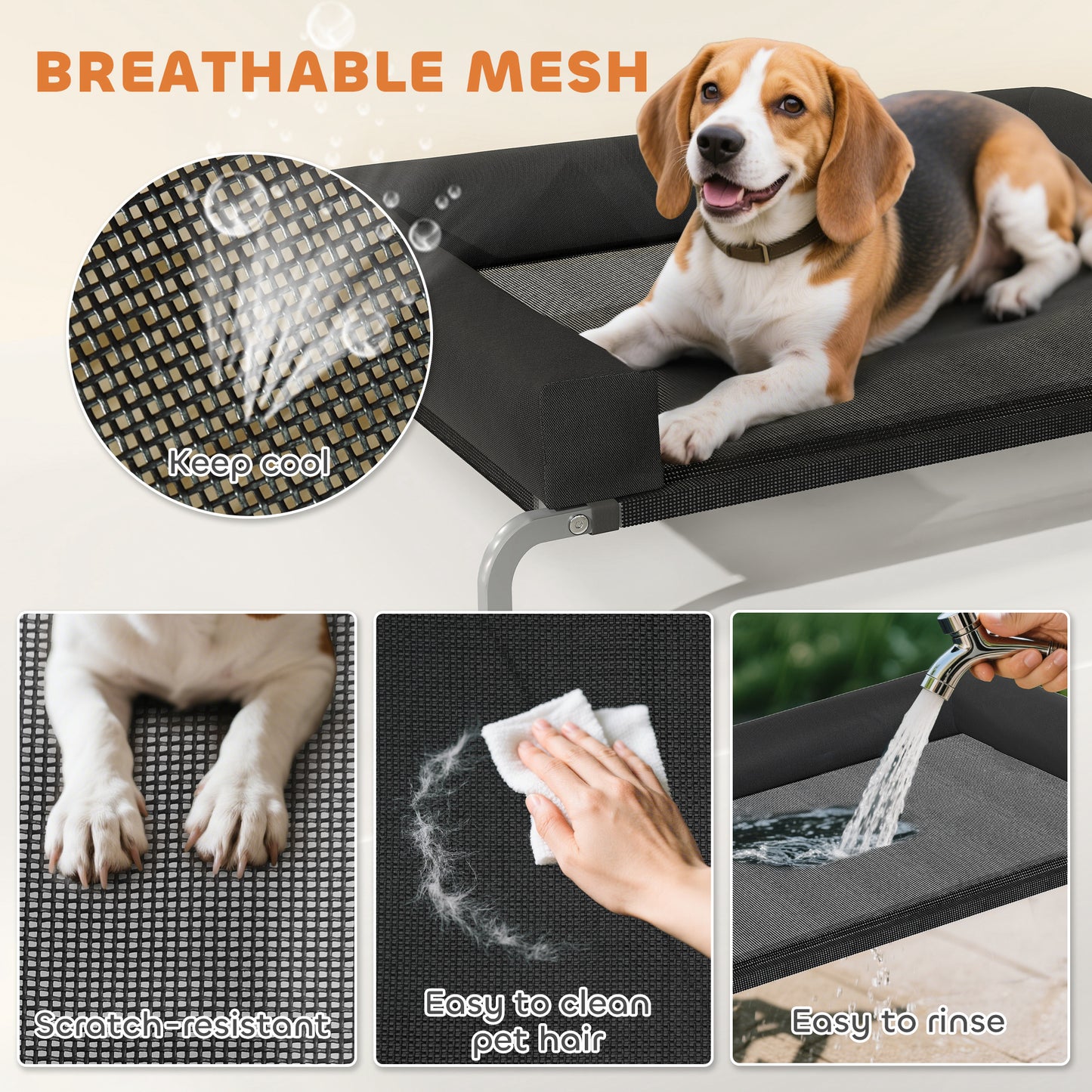  enabling your pet to relax more fully.</li><li>Easy-clean dog cot: The water-resistant Texteline mesh surface repels hair and is easy to clean with a wipe or hose