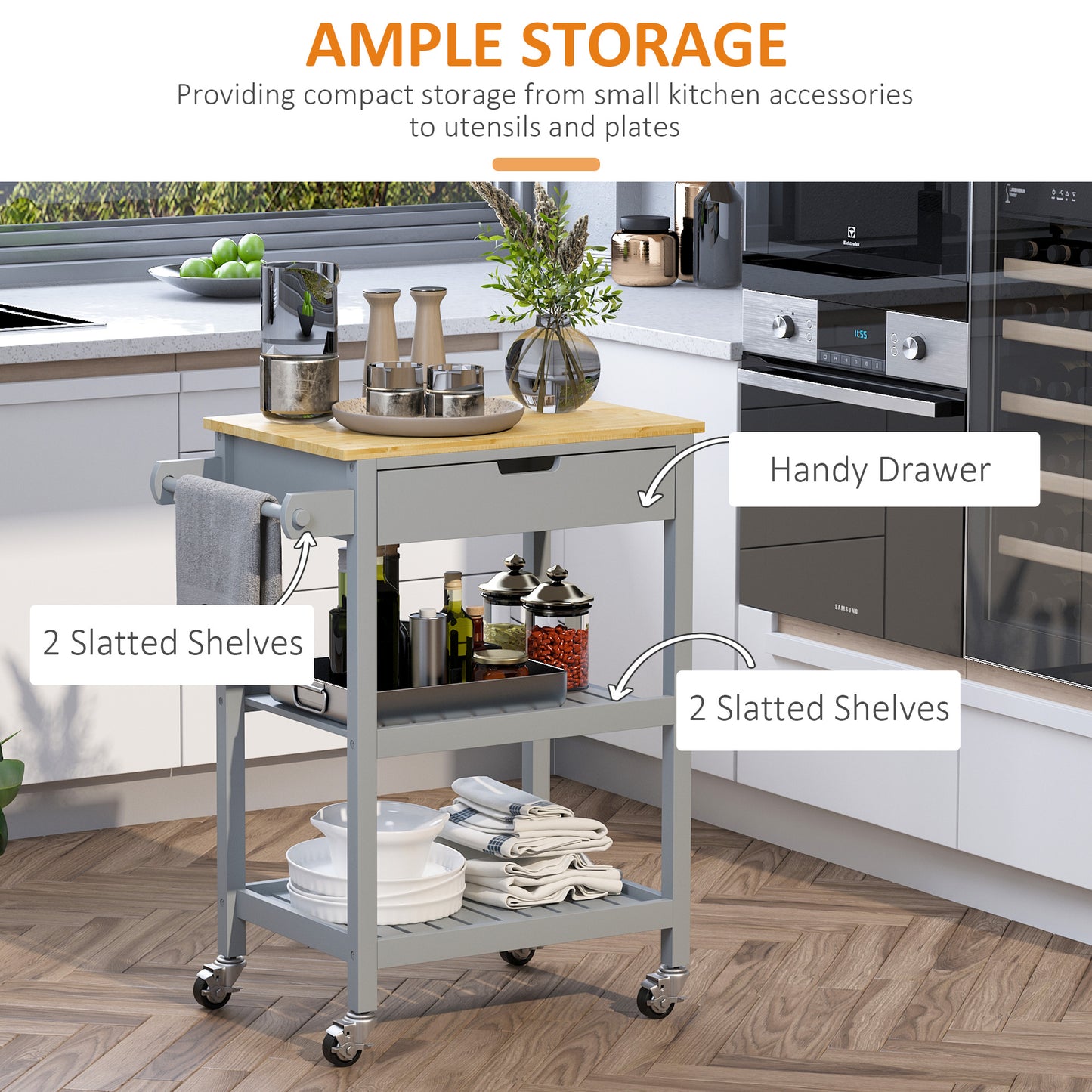 HOMCOM Kitchen Trolley Utility Cart on Wheels with Rubberwood Worktop, Towel Rack, Storage Shelves & Drawer for Dining Room, Grey