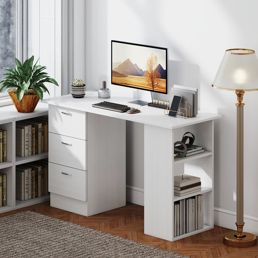 HOMCOM Computer Desk, Writing Table, PC Workstation with 3 Storage Shelves and Drawers, Silver Handle, for Home Office, White