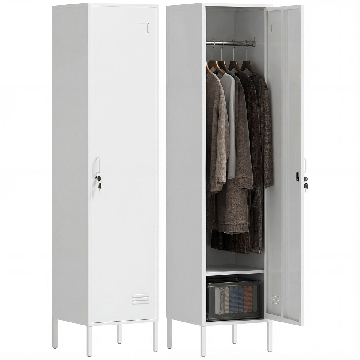 HOMCOM Metal Locker Cabinet with Hanging Rod, Lock and Key, Single Locker Storage Cabinet with Shelf, White Default Title