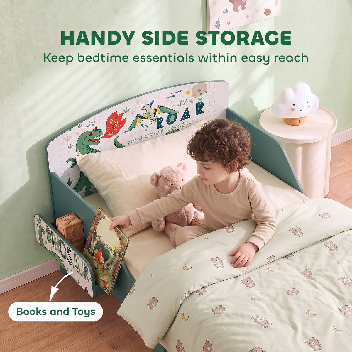 AIYAPLAY Toddler Bed with Bedside Storage and Guard Rails for 3-8, Fits 140 x 70 x 10cm Mattress, Green Dinosaur Print