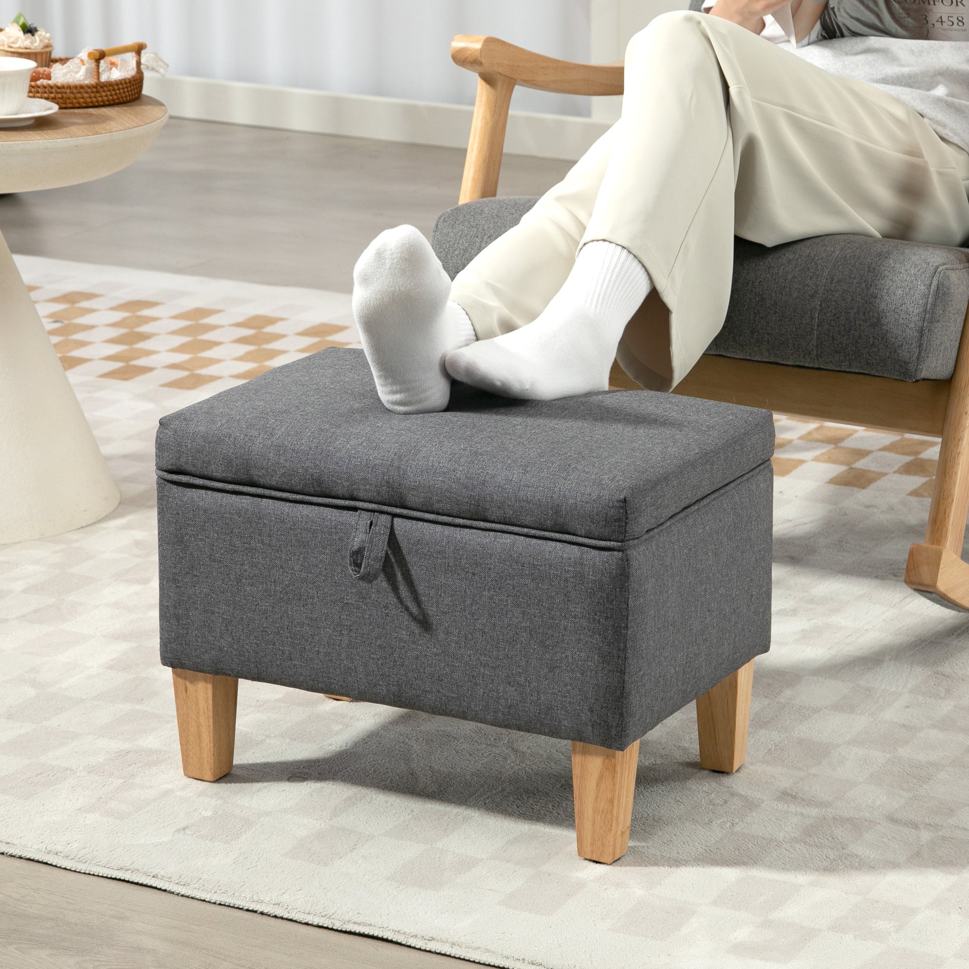 HOMCOM 16L Linen Storage Ottoman Padded Footstool with Rubberwood Legs for Storage Box, Bed End, Shoe Bench, Seating, Charcoal Grey
