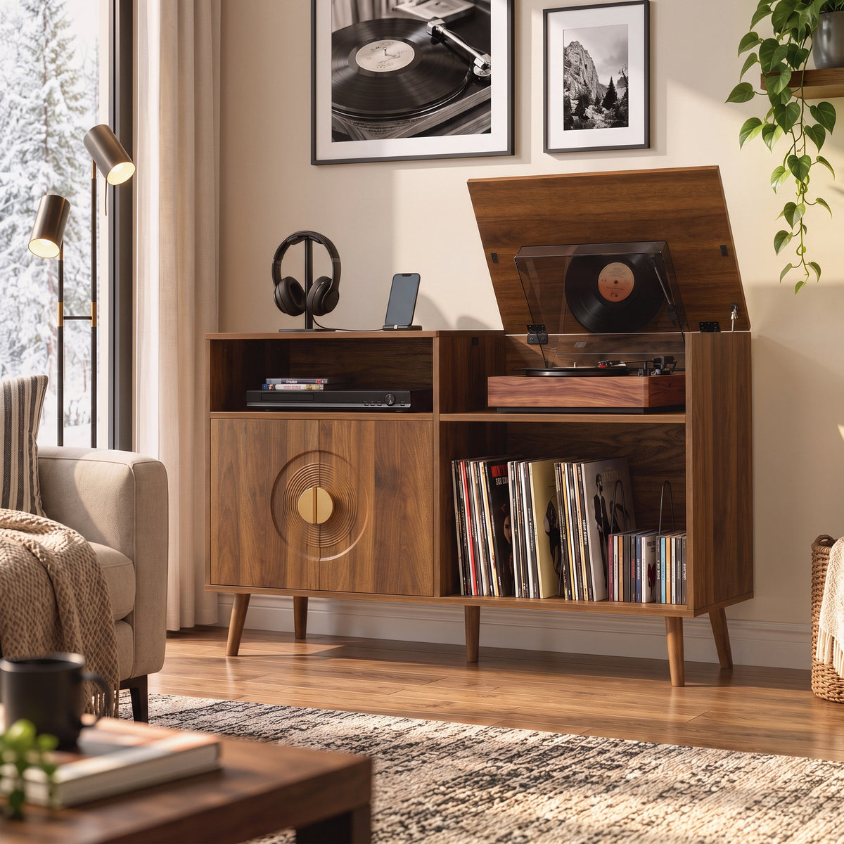 HOMCOM Record Player Stand, Vinyl Record Holder with Storage Holds Up to 300 Albums with Flip-Top Compartment, Walnut