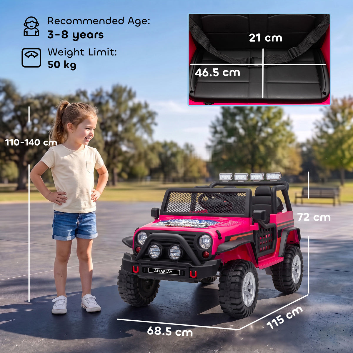 AIYAPLAY 12V Kids Electric Ride on Car with 2 Motors, Remote Control, Soft Start, Four-Wheel Suspension, Seat Belt