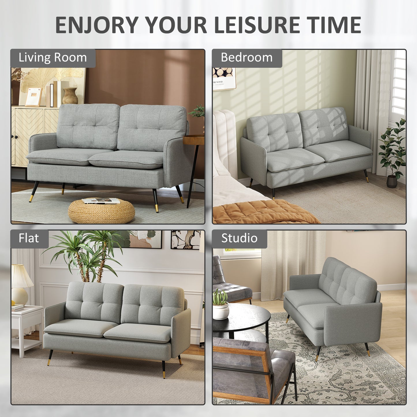 HOMCOM Modern Two Seater Sofa, Button Tufted Loveseat with Cushions and Steel Legs for Living Room, Guest Room, Grey