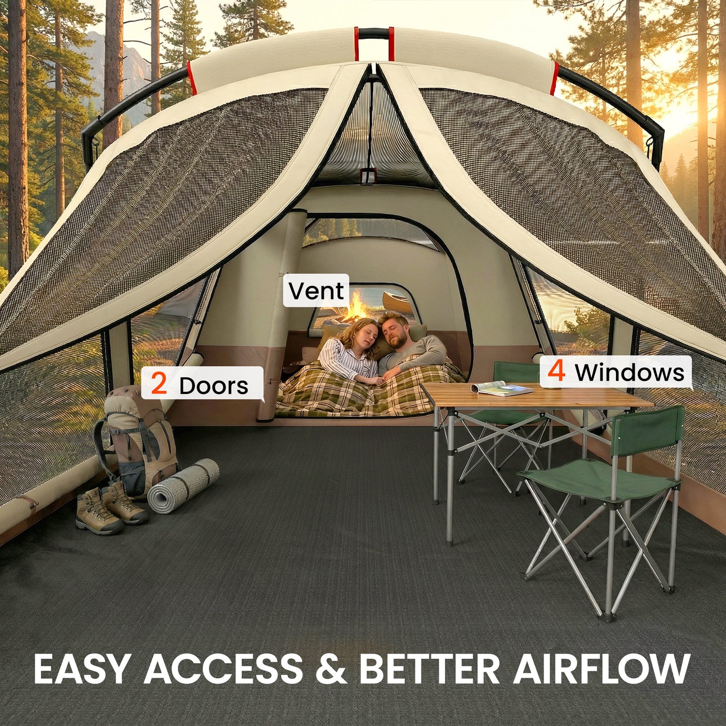 Outsunny Cabin Tent Waterproof Camping Tent with Two Room for 4 Person Brown