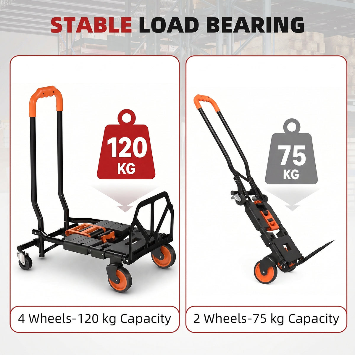 HOMCOM Steel 2-in-1 Folding Hand Truck on Wheels, Foldable Trolley with Foldable Base, 120kg, Black and Orange