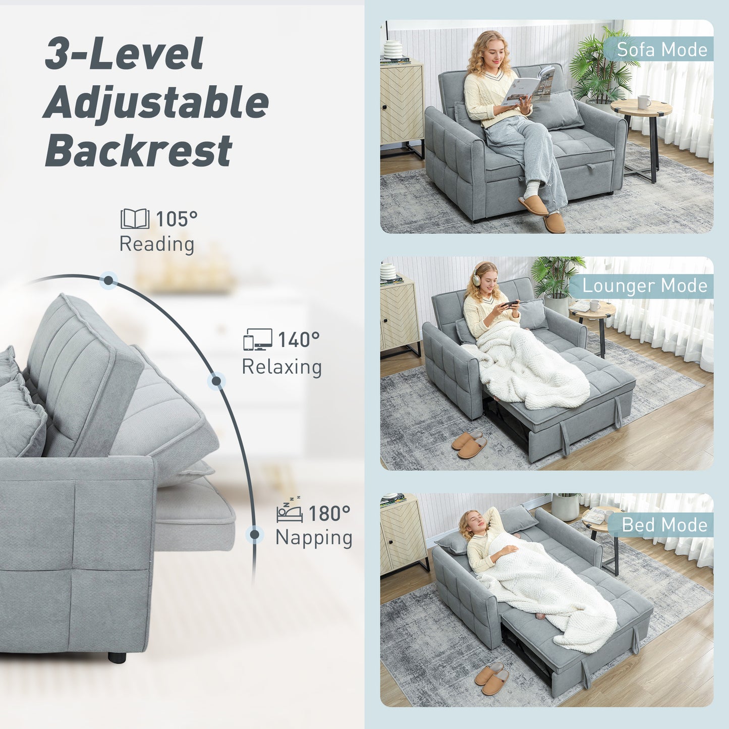 HOMCOM 2 Seater Sofa Bed, 3-in-1 Convertible Sleeper Sofa with Click-clack Adjustable Backrest and 2 Pillows, Grey