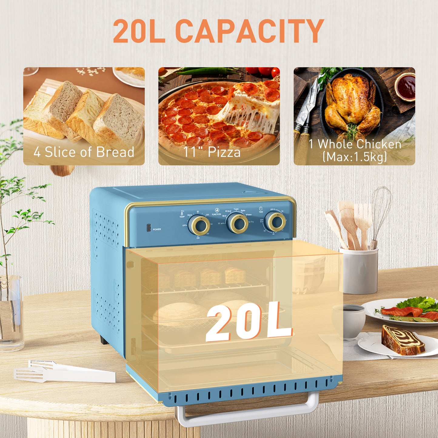 HOMCOM 20L 90-230' Mini Electric Oven - Blue