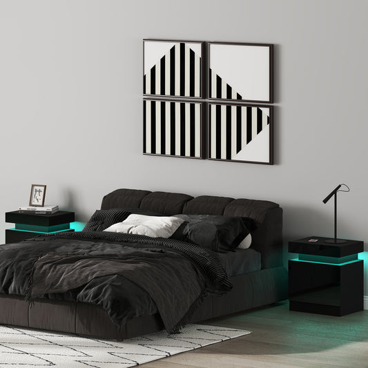 HOMCOM High Gloss Front Bedside Tables Set of 2, Nightstands with RGB LED Light and 2 Drawers, Chest of Drawers for Bedroom, Living Room, Black
