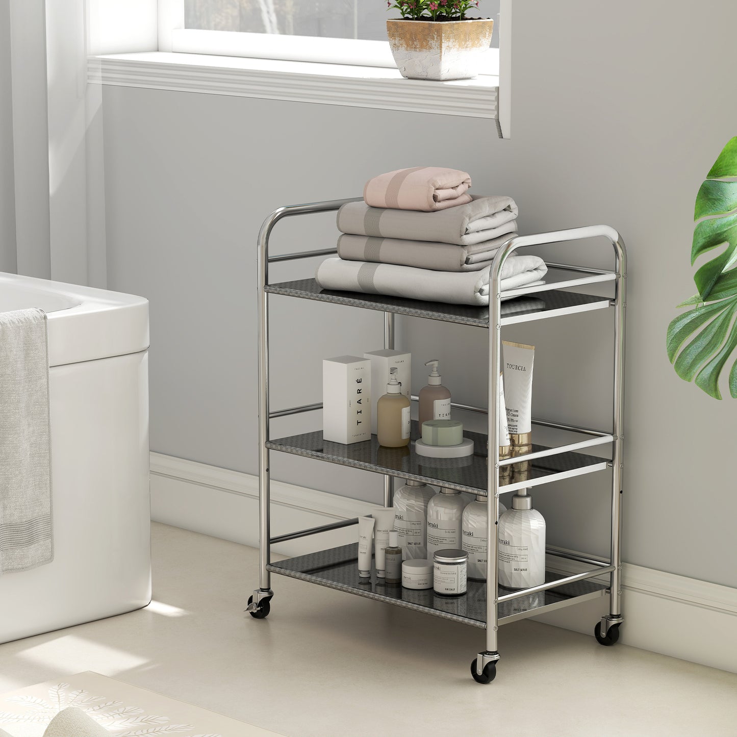 HOMCOM 3 Tier Stainless Steel Kitchen Storage Trolley with Adjustable Shelf - Silver