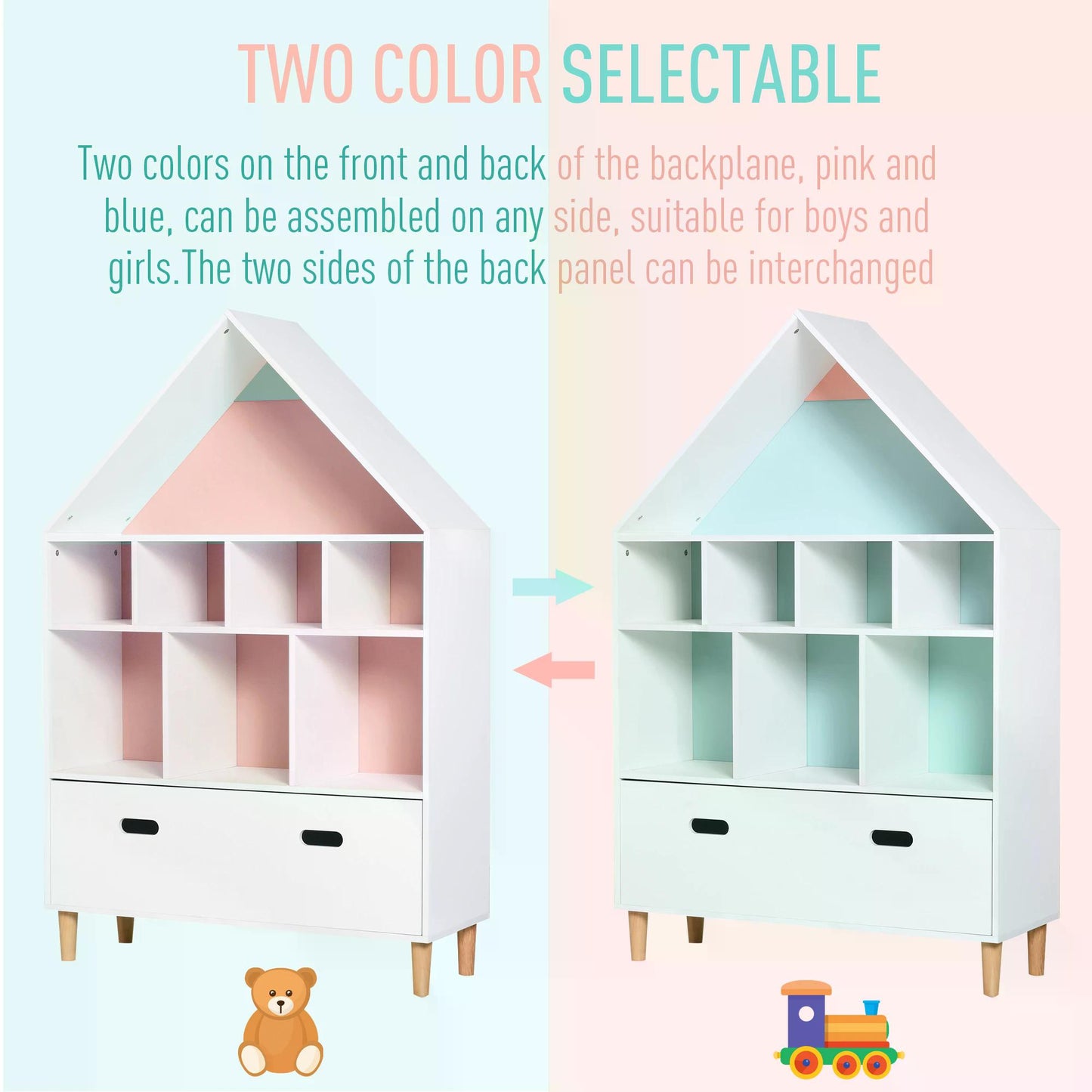 HOMCOM Kids House-Designed Bookshelf, with Drawer â€“ Blue & White