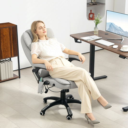 HOMCOM 6-Point Massage Office Chair with Seat Heated for Home Office, PU Leather High Back Executive Desk Chair with Adjustable Height and 360Â° Swivel for Work Study, Light Grey