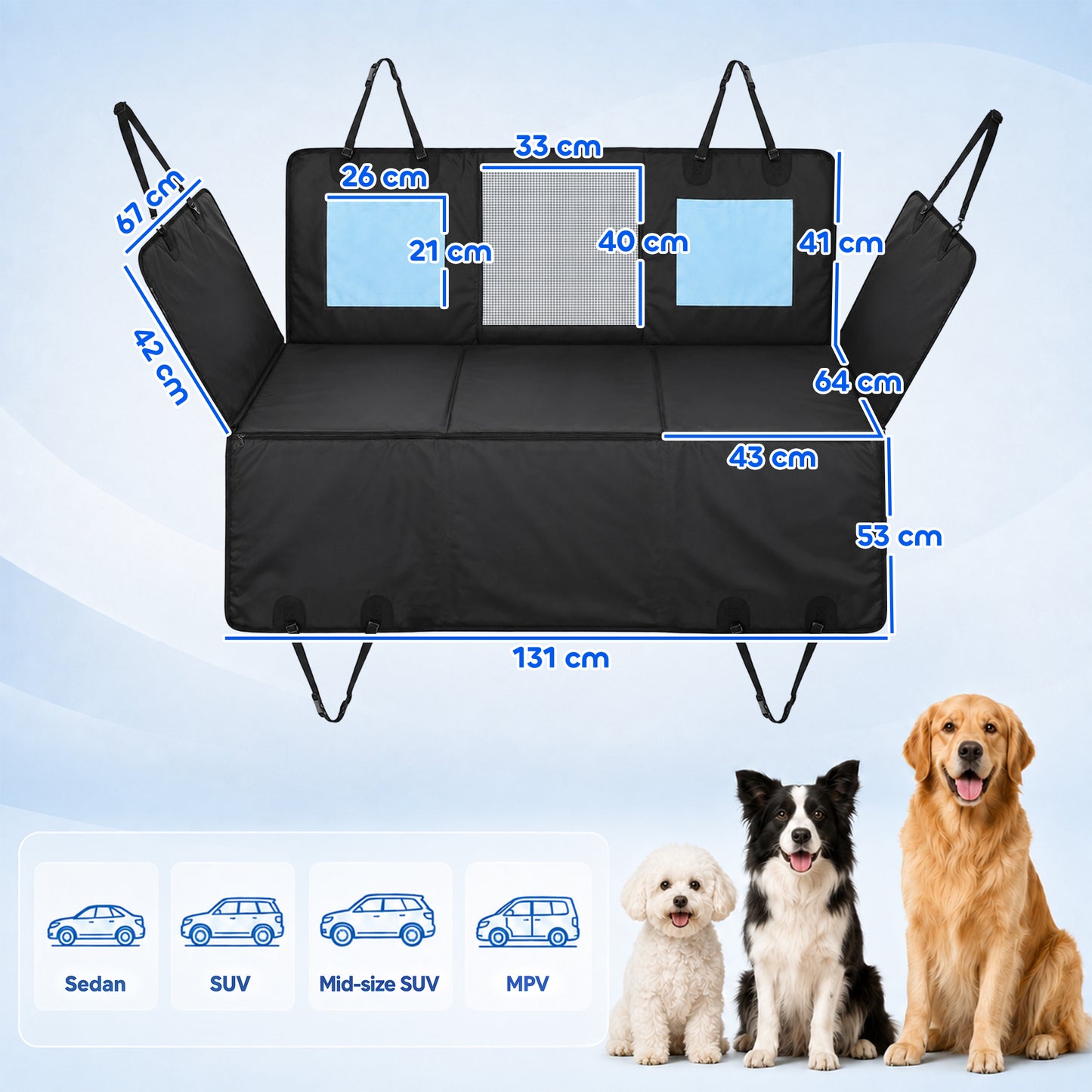 PawHut Dog Car Seat Cover, Waterproof Dog Travel Hammock w/ Non-Slip & Anti-Scratch Surface, Mesh Window and Pockets, Blue