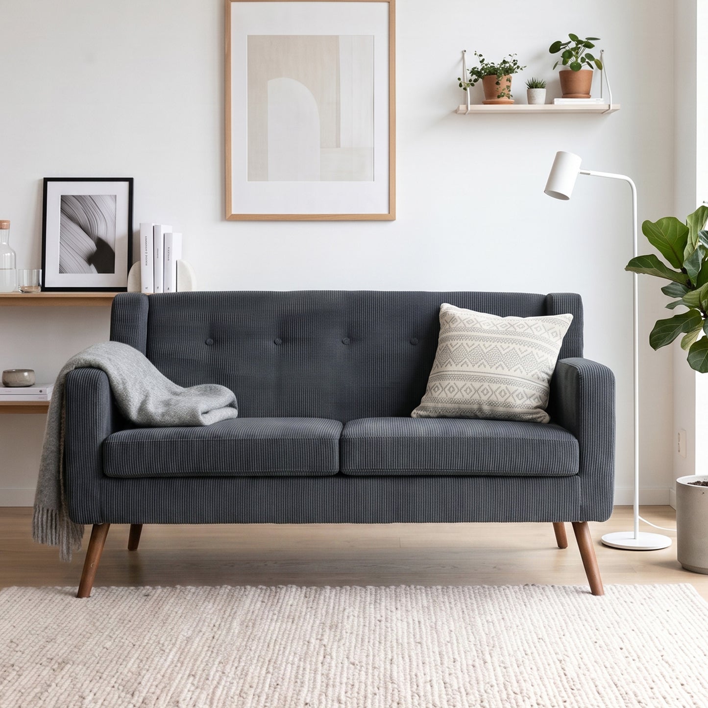 HOMCOM 2 Seater Sofa, 118 cm Corduroy Small Loveseat with Spring Cushion, Wood Legs for Small Space, Living Room, Dark Grey