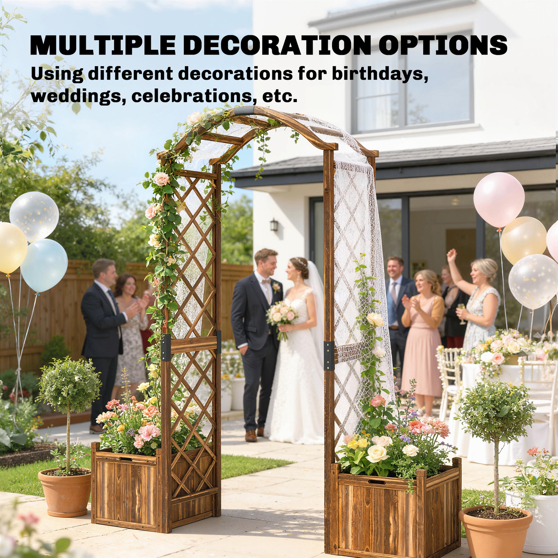 Outsunny Wooden Garden Arch with 2 Planter Boxes, Outdoor Rose Arch Trellis for Climbing Vines, Carbonised