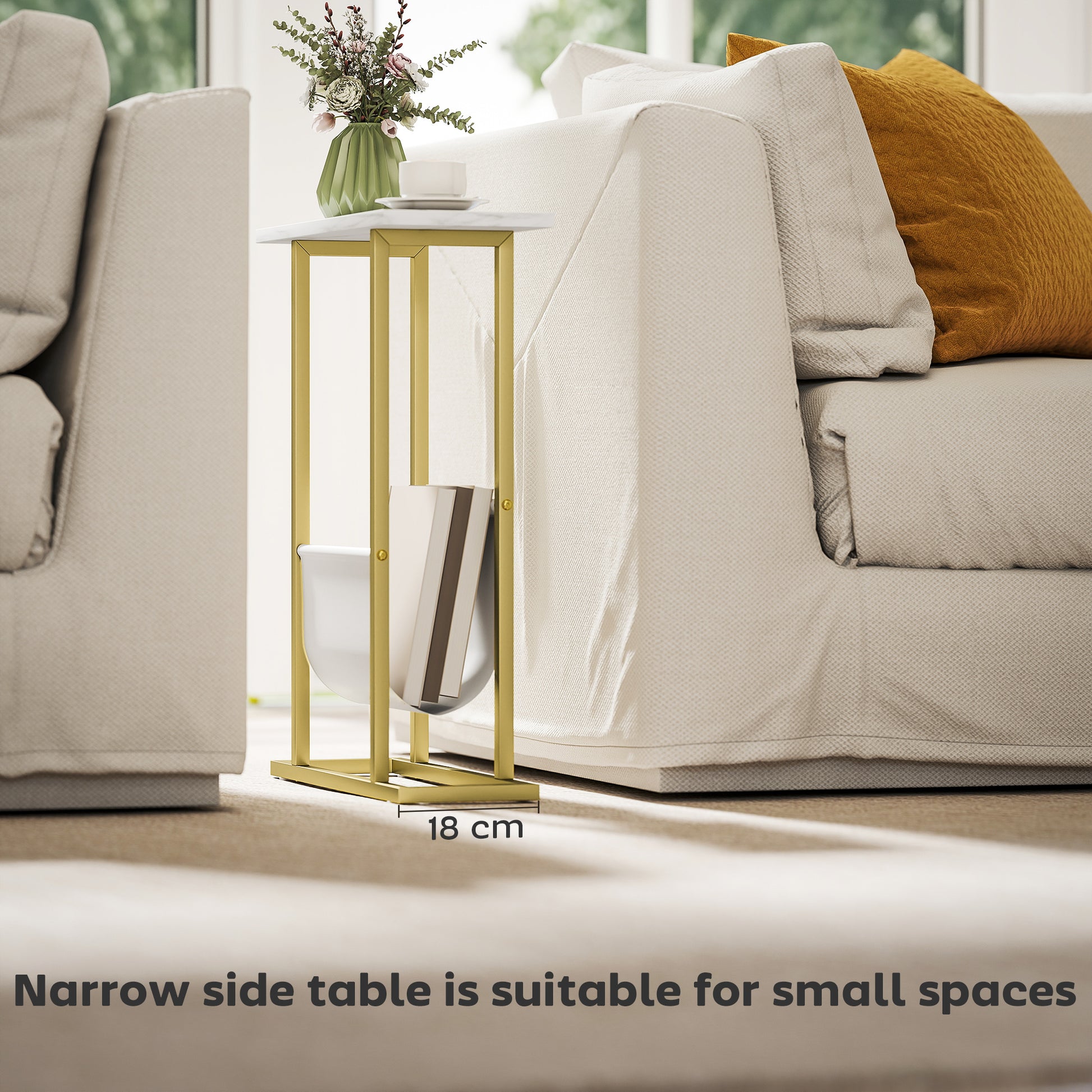 HOMCOM Narrow Side Table, End Table with Magazine Holder, Nightstand for Small Spaces, Living Room, Bedroom, White Marble Grain
