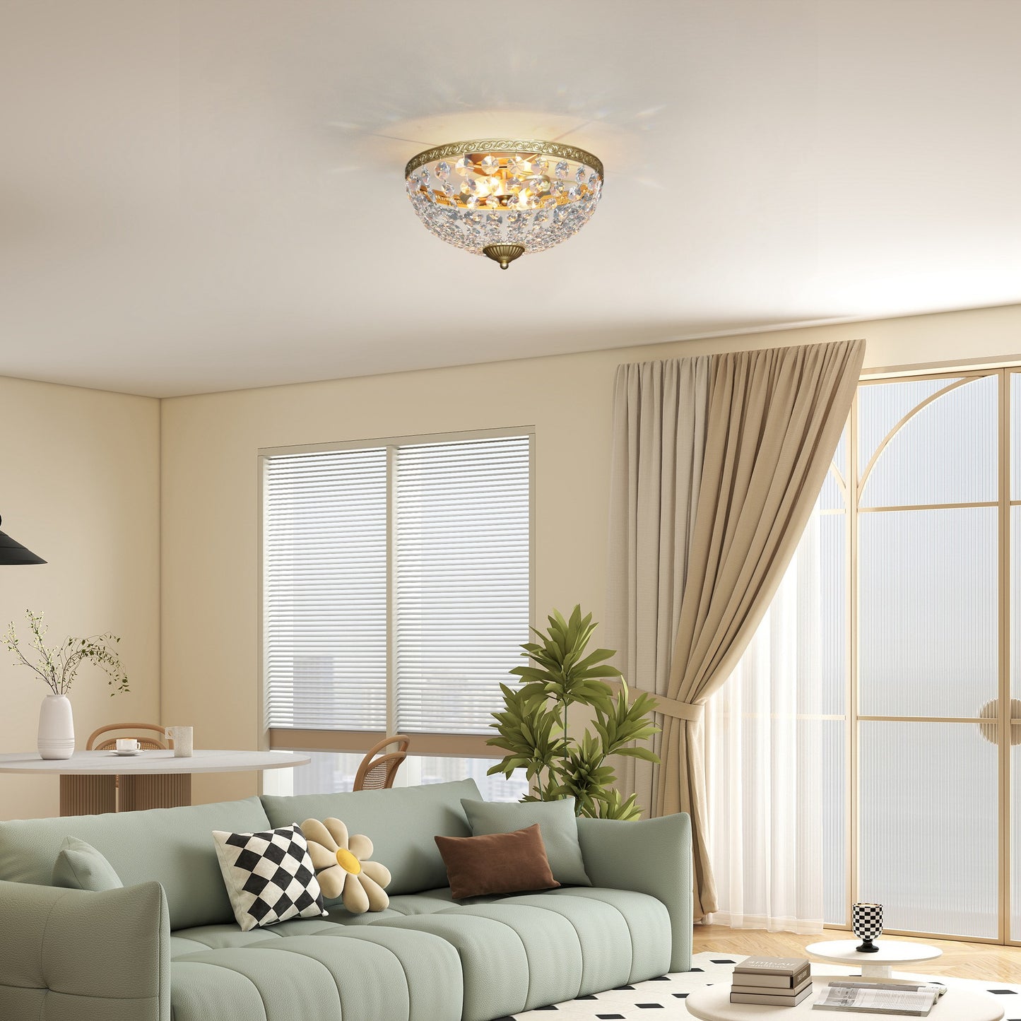 HOMCOM Crystal Chandelier Ceiling Light with 168 Octagonal Beads, Vintage 2-Light Flush Mount Ceiling Light for Living Room, Bedroom, Hallway, Dining Room, Gold Tone
