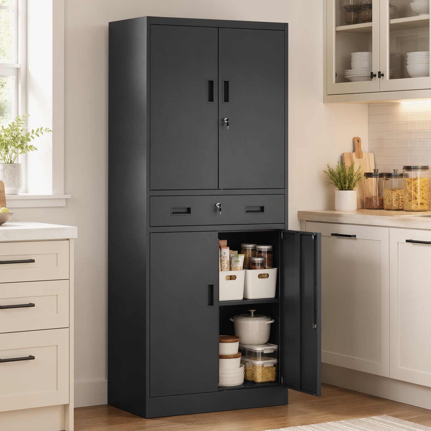 HOMCOM Metal Storage Cabinet, 180cm Tall Tool Cabinet with Locking Doors, Drawer and Adjustable Shelves, Black