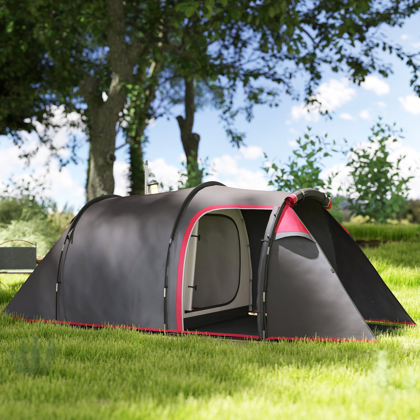 Outsunny 2-3 Person Tunnel Tent with Sewn-in Groundsheet, Air Vents, Rainfly, 2000mm Water Column, Camping Tent with 1 Bedroom, Inbuilt Porch, Living Area for Camping, Hiking, Grey