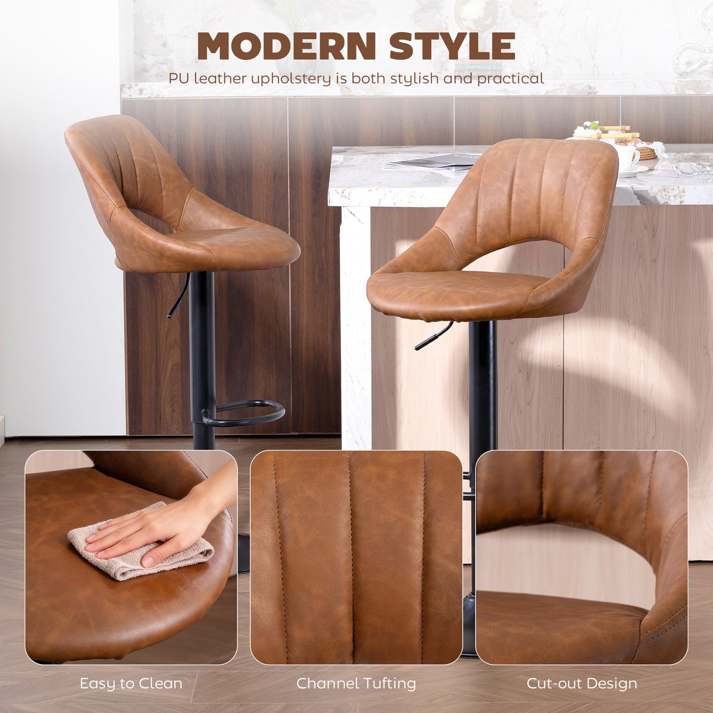 HOMCOM Bar Stools Set of 2, PU Leather Swivel Barstools with Backrest and Footrest for Kitchen, Counter, Breakfast Bar, Brown