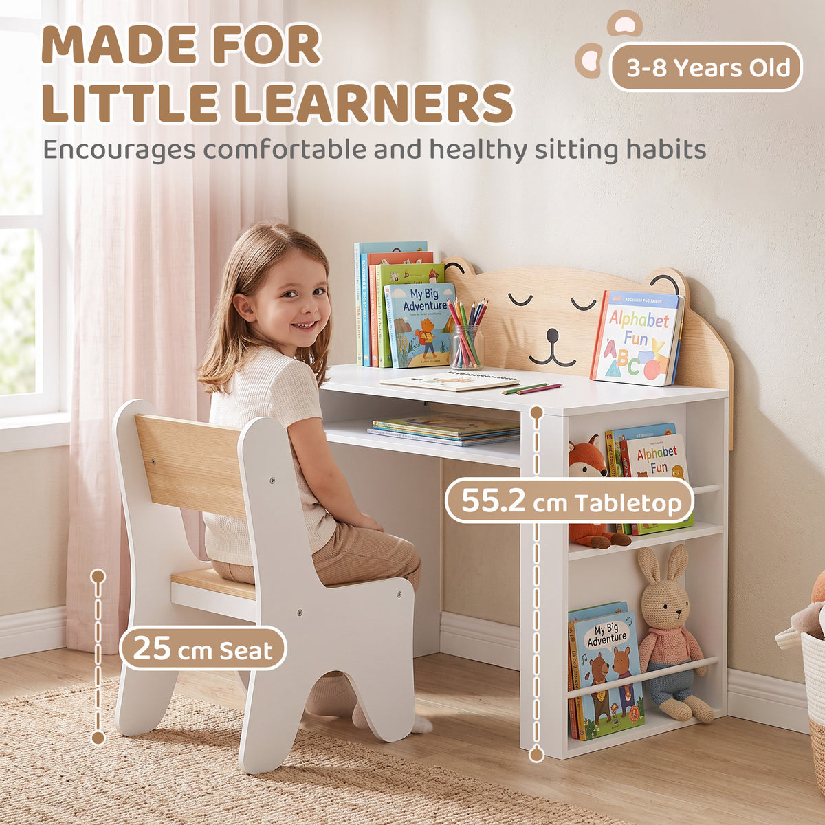 AIYAPLAY Kids Table and Chair Set with Side Bookshelves, Open Storage, Non-Slip Pads for 3-8 Y, Bedroom, Study Room, Bear-Themed