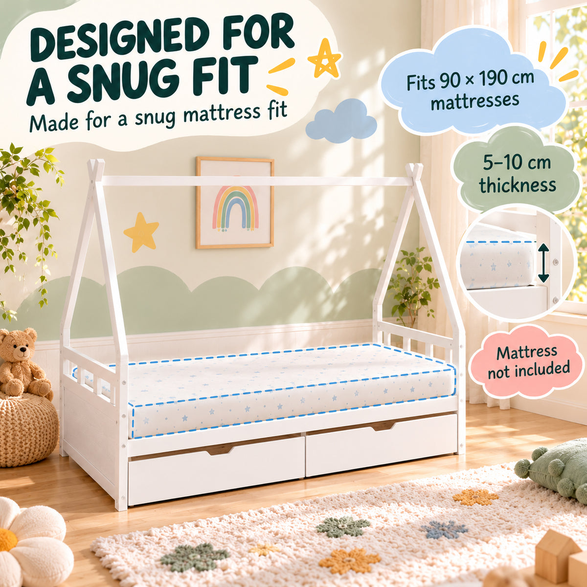 AIYAPLAY Wooden Kids House Bed Frame, Toddler Single Bed with 2 Storage Drawers and Roof, Fits 90x190cm Mattress