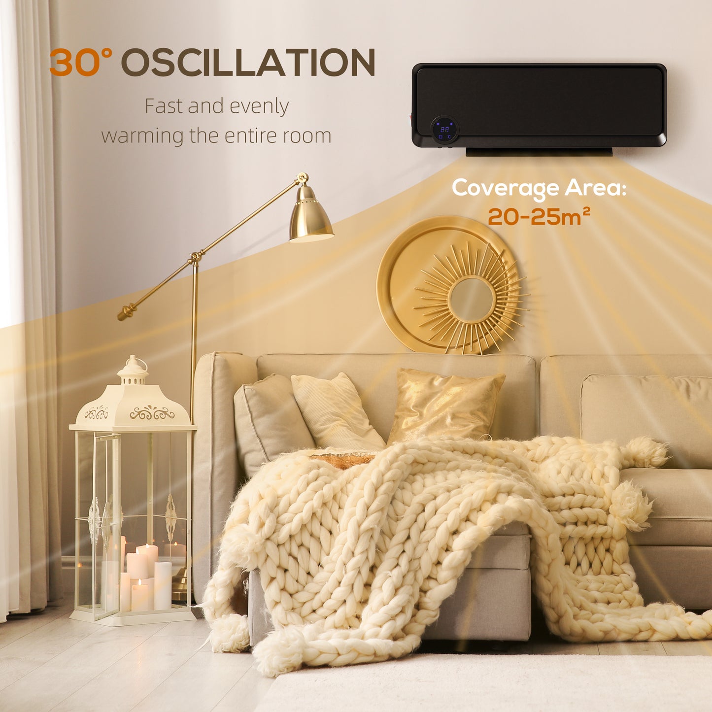 HOMCOM Wall Downflow Heater 2 Heat and Fan 1000W/2000W, Electric Space Heater with Timer Remote Oscillating, for Bedroom Home Office, Black