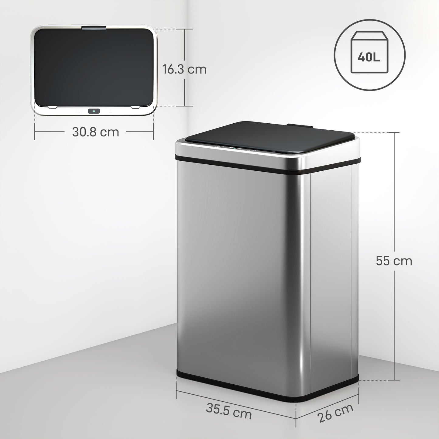 HOMCOM 40L Sensor Bin with Soft-Close Lid, Stainless Steel Automatic Touchless Motion Sensor Kitchen Bin, Silver Tone