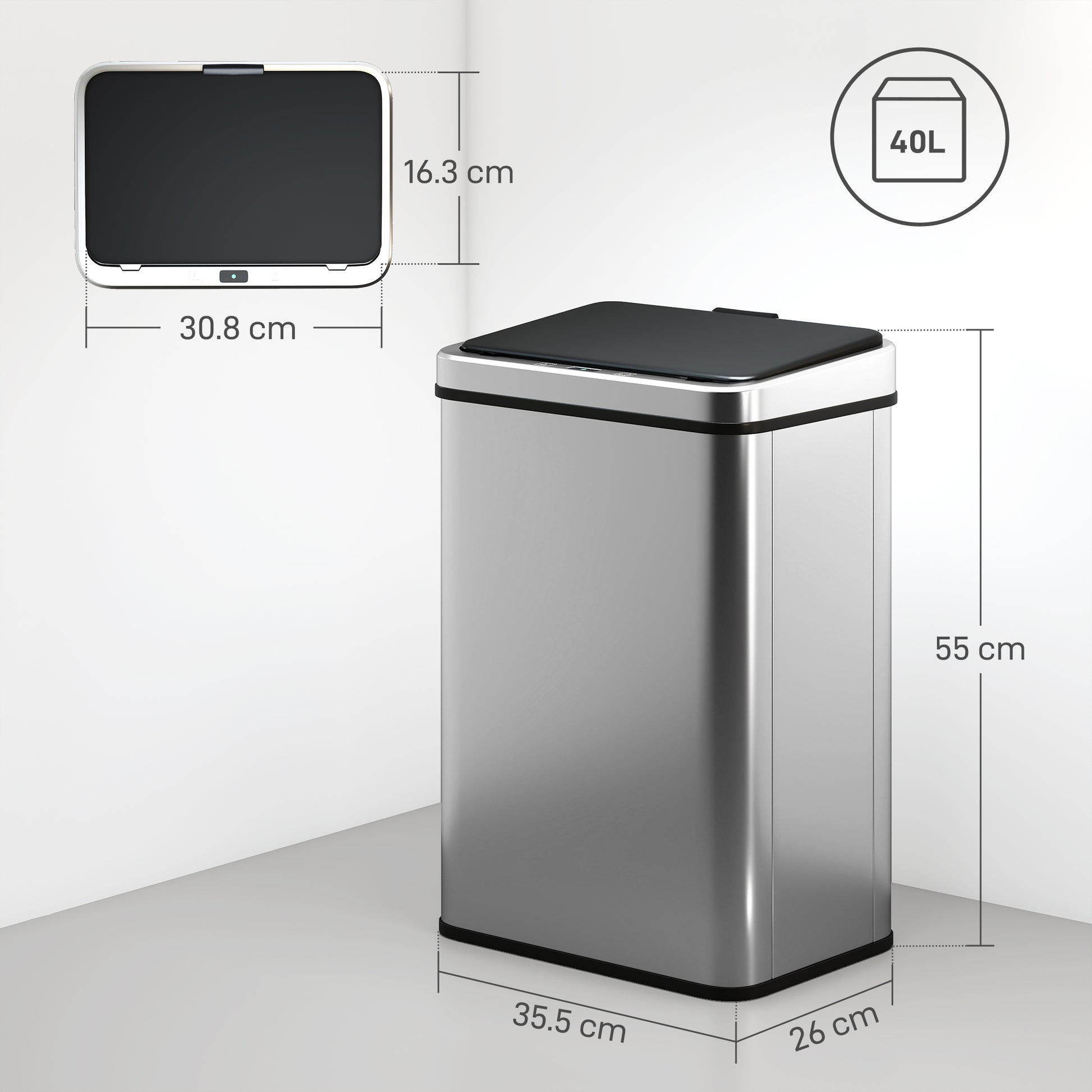 HOMCOM 40L Sensor Bin with Soft-Close Lid, Stainless Steel Automatic Touchless Motion Sensor Kitchen Bin, Silver Tone