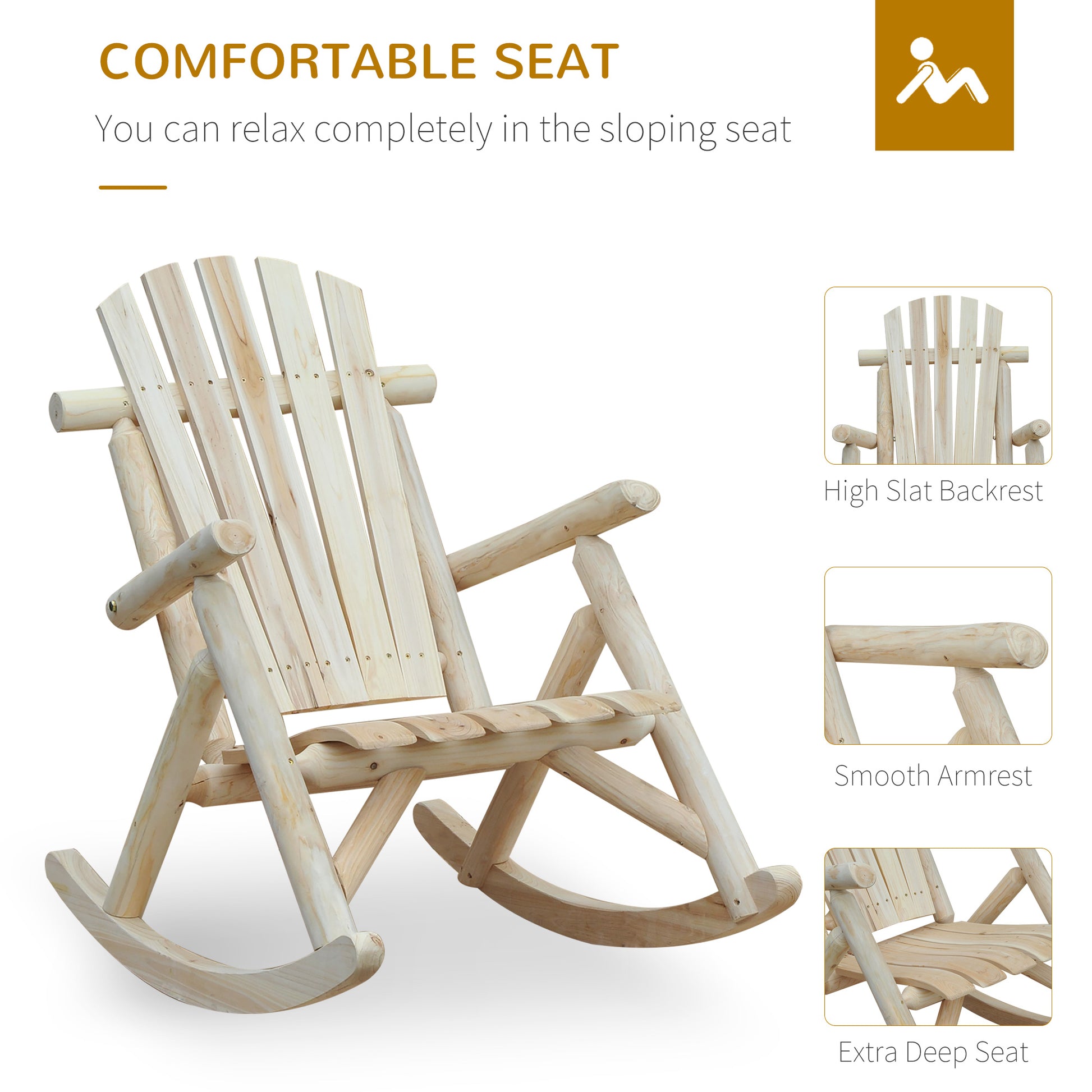 Outsunny 2 Piece Adirondack Chair Cedar Wood Ergonomic Rocking Chair Porch Rocker Garden Traditional - Burlywood