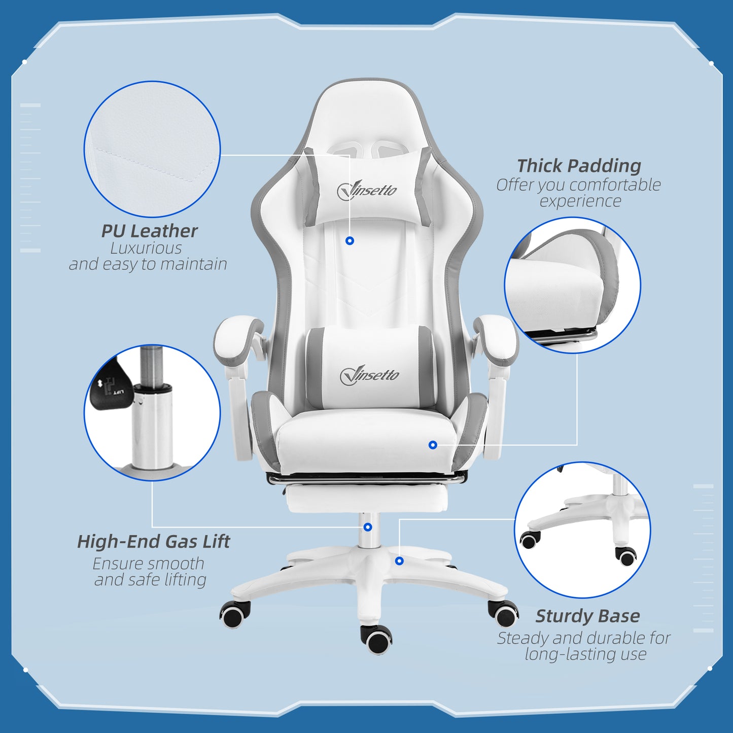 Vinsetto Computer Gaming Chair, PU Leather Desk Chair with Footrest, Swivel Task Chair with 135Â° Reclining Back and Lumbar Support, PC Chair for Adults, White and Grey