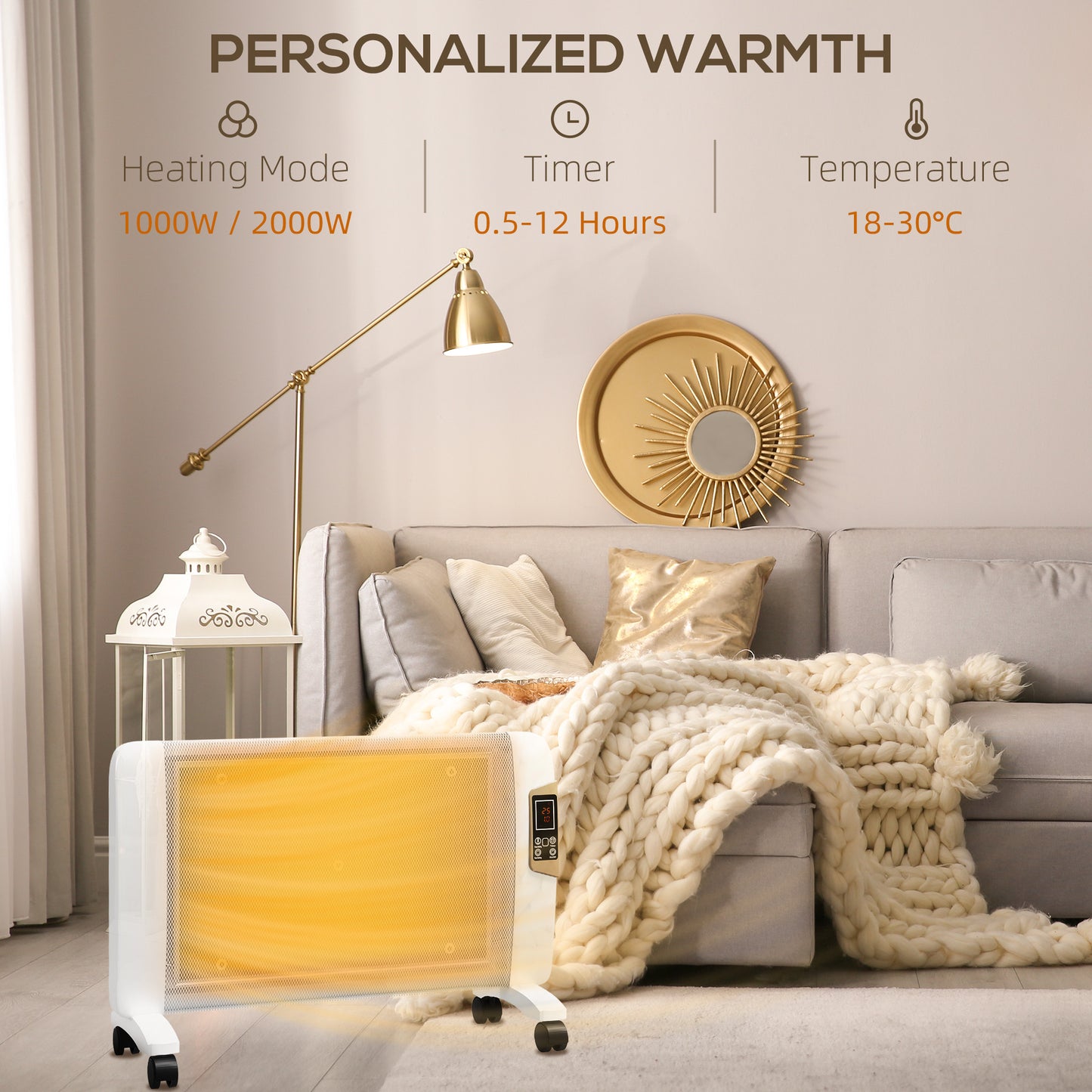 HOMCOM Mica Electric Space Heater, Portable Heater for Home with 2 Heat Settings, Living Room, Study, Garage, Adjustable Temperature 18-30Â°C, 1000W/2000W, White