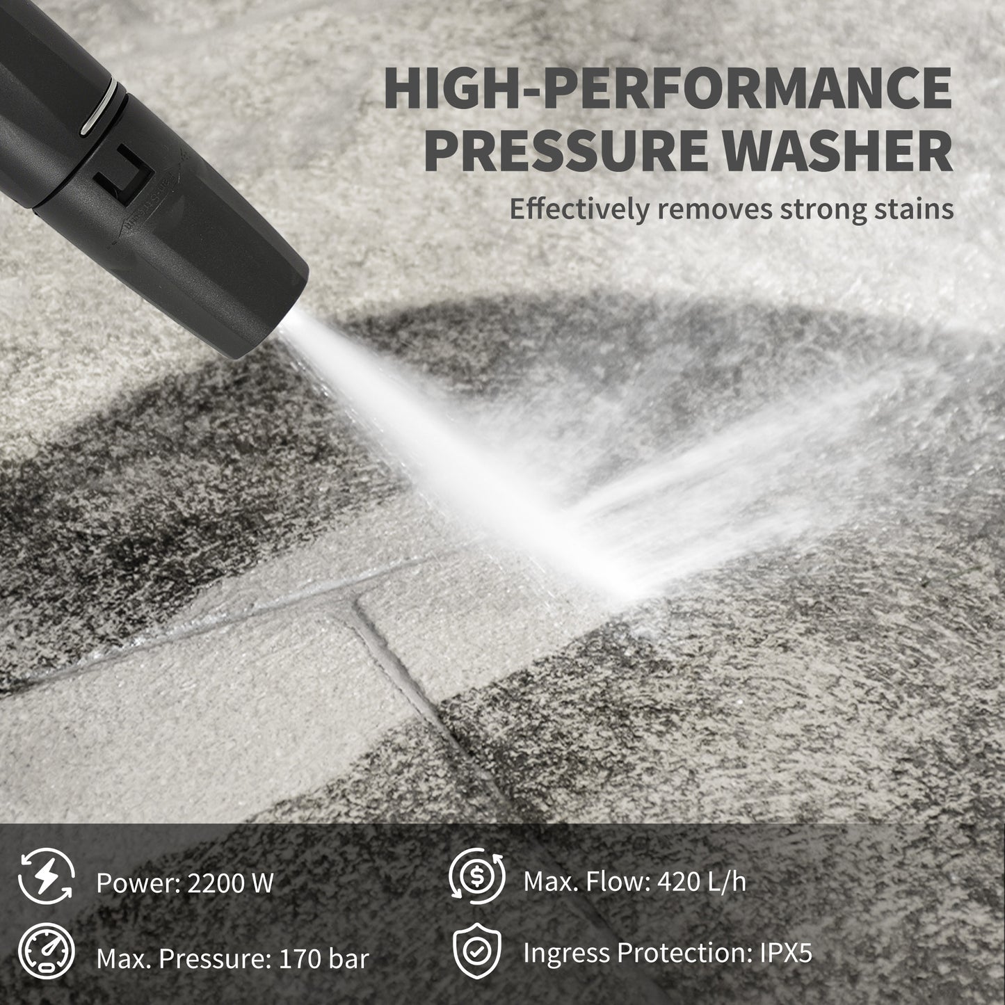 Outsunny 2200W High Pressure Washer, 170 Bar Pressure, 420 L/h Flow, Portable Electric Power Washer Jet Wash Cleaner with Adjustable Nozzle 6M Hose and Hose Reel for Home Patio Car Driveway
