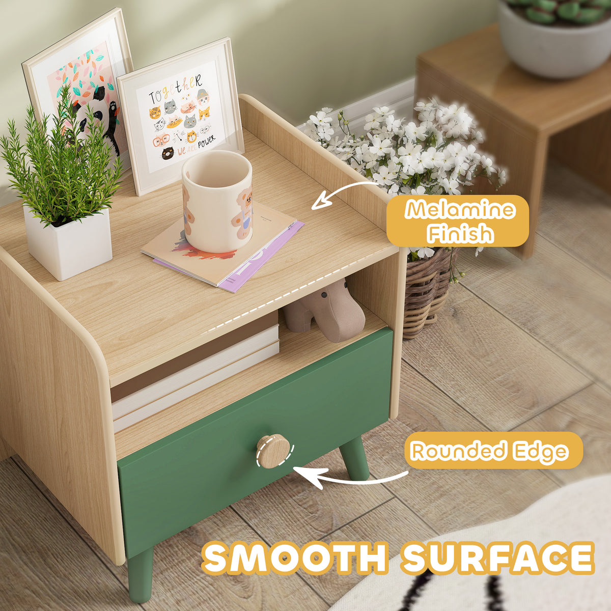 AIYAPLAY Kids Bedside Table with Drawer and Open Storage Shelf, Wooden Nightstand for Bedroom, Bedside Cabinet, Green