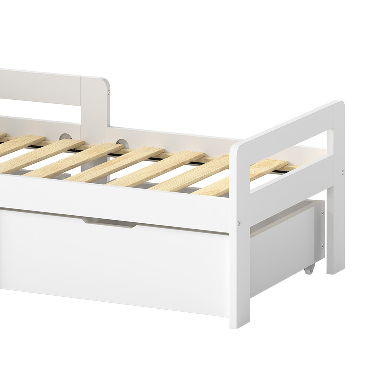 AIYAPLAY Wooden Kids Bed Frame with 2 Storage Drawers and Guard Rails for Ages 4-14, 144 x 76 x 57 cm (No Mattress), White