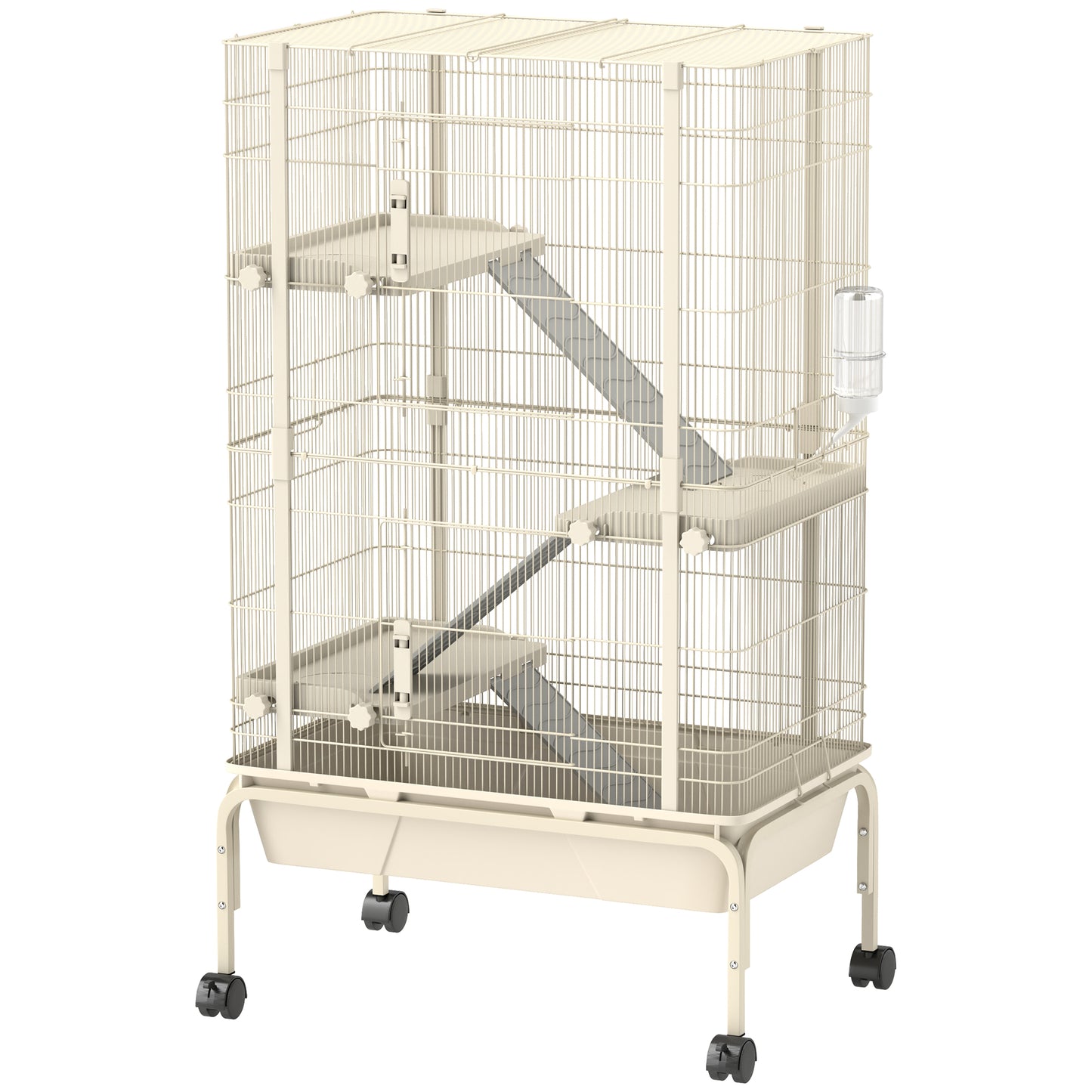 PawHut 4-Level Rolling Small Animal Cage, Rabbit Cage with 3 Ramps, Water Bottle, Food Dish, 15cm Deep Tray, Beige Default Title