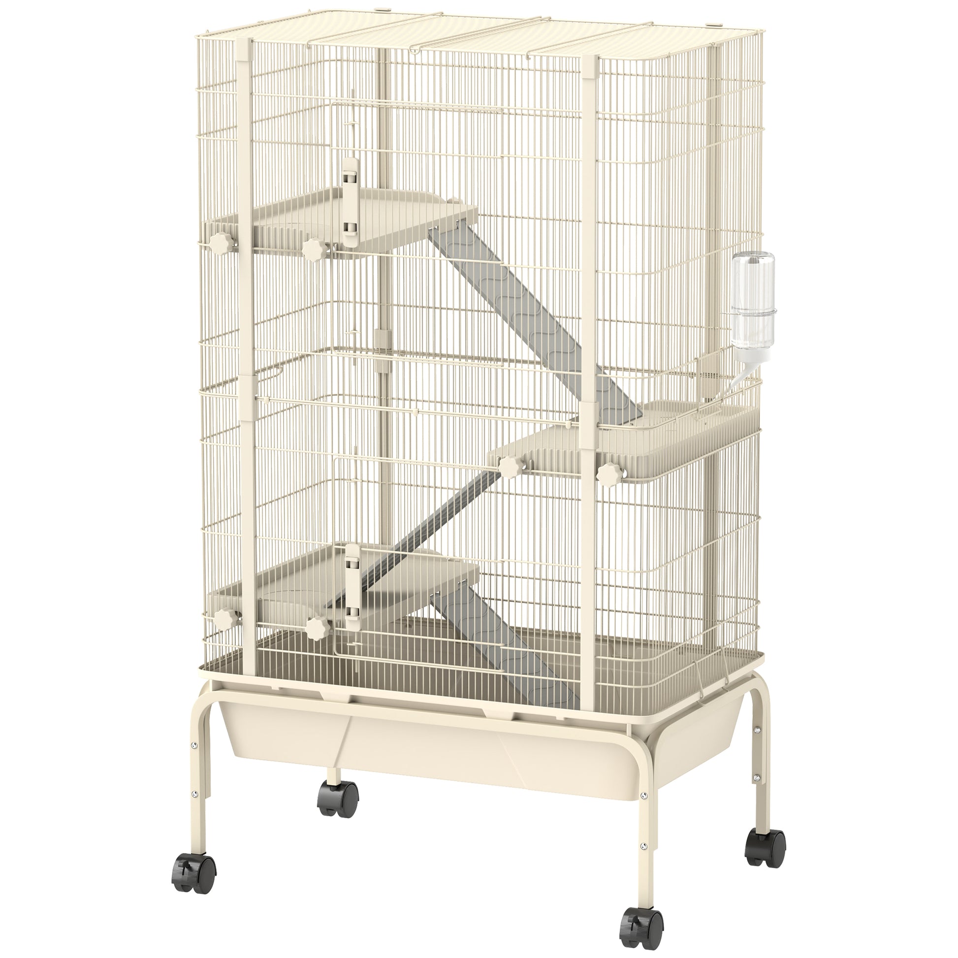 PawHut 4-Level Rolling Small Animal Cage, Rabbit Cage with 3 Ramps, Water Bottle, Food Dish, 15cm Deep Tray, Beige Default Title