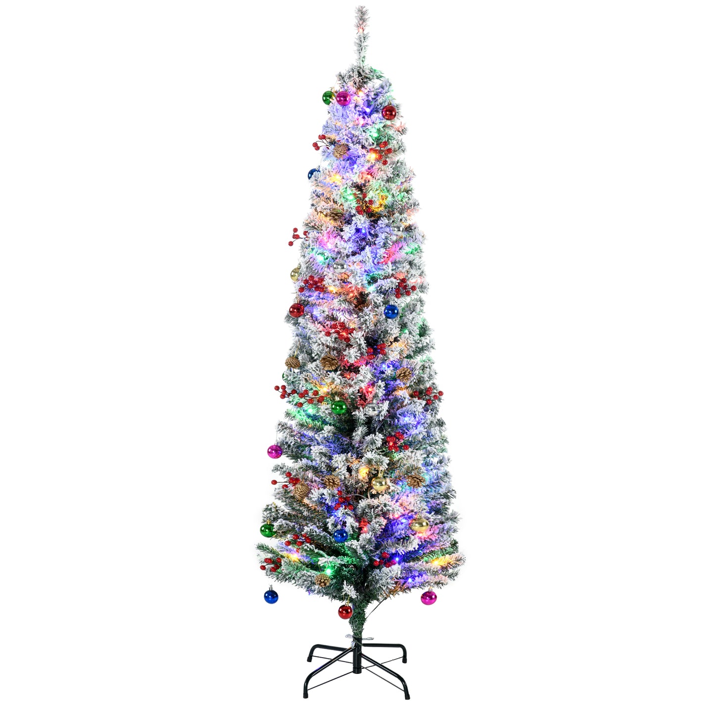 HOMCOM 6' Artificial Prelit Christmas Trees Holiday DÃ©cor with Colourful LED Lights, Flocked Tips, Berry, Pine Cone