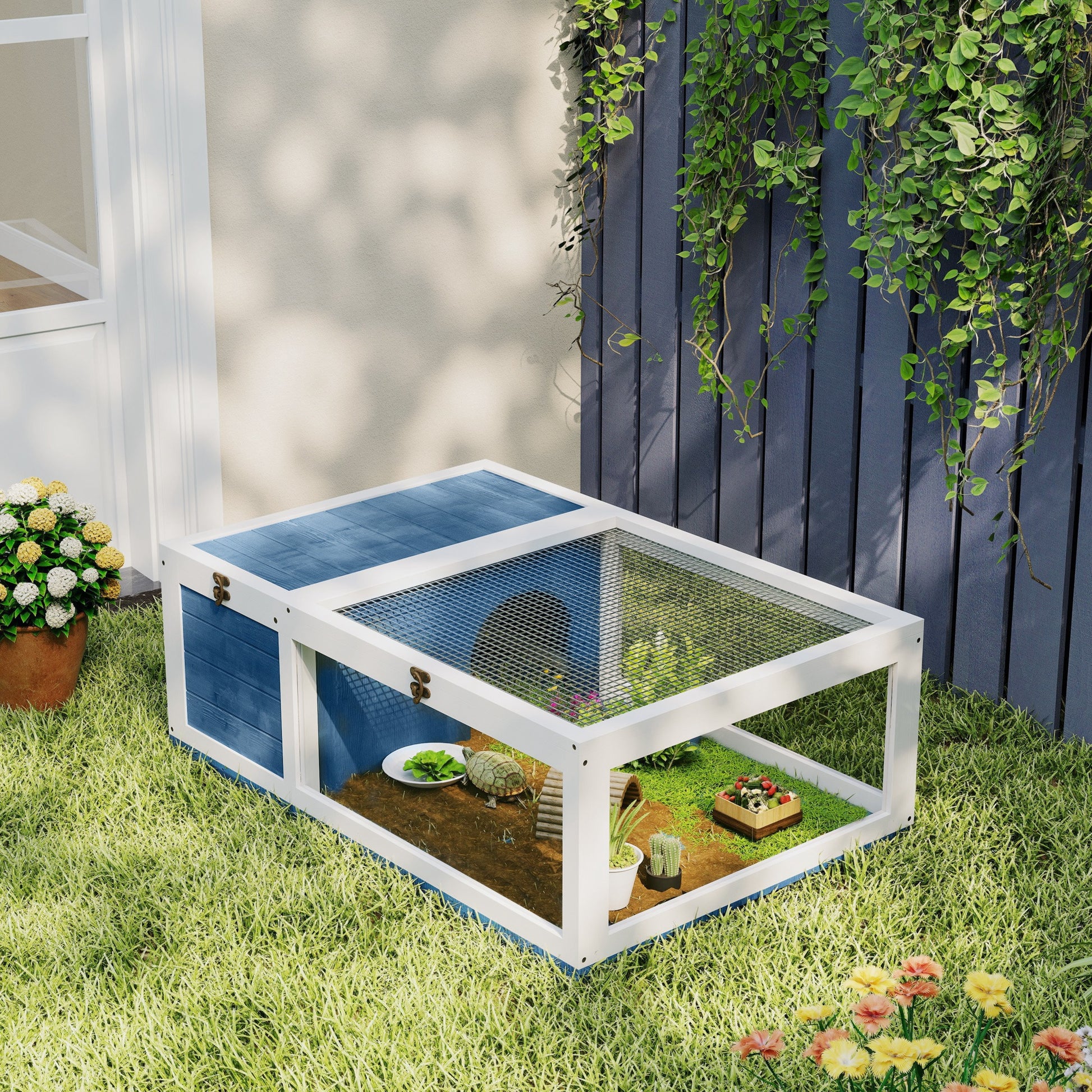 PawHut Tortoise House, Small Reptile Wooden House, with Mesh Roofs, Side Panels, for Turtles, Lizards, Geckos and Snakes