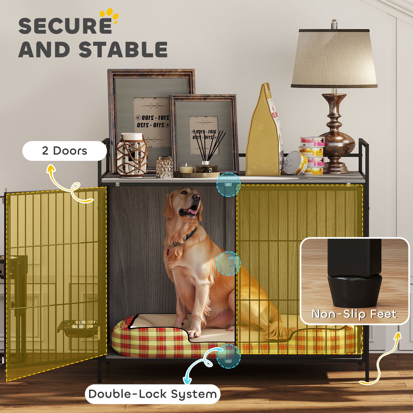 PawHut Large Dog Crate Furniture with Rotating Bowl Holder, 2 Bowls, 2 Doors, for Large Dogs, 100 x 60 x 88 cm, Grey