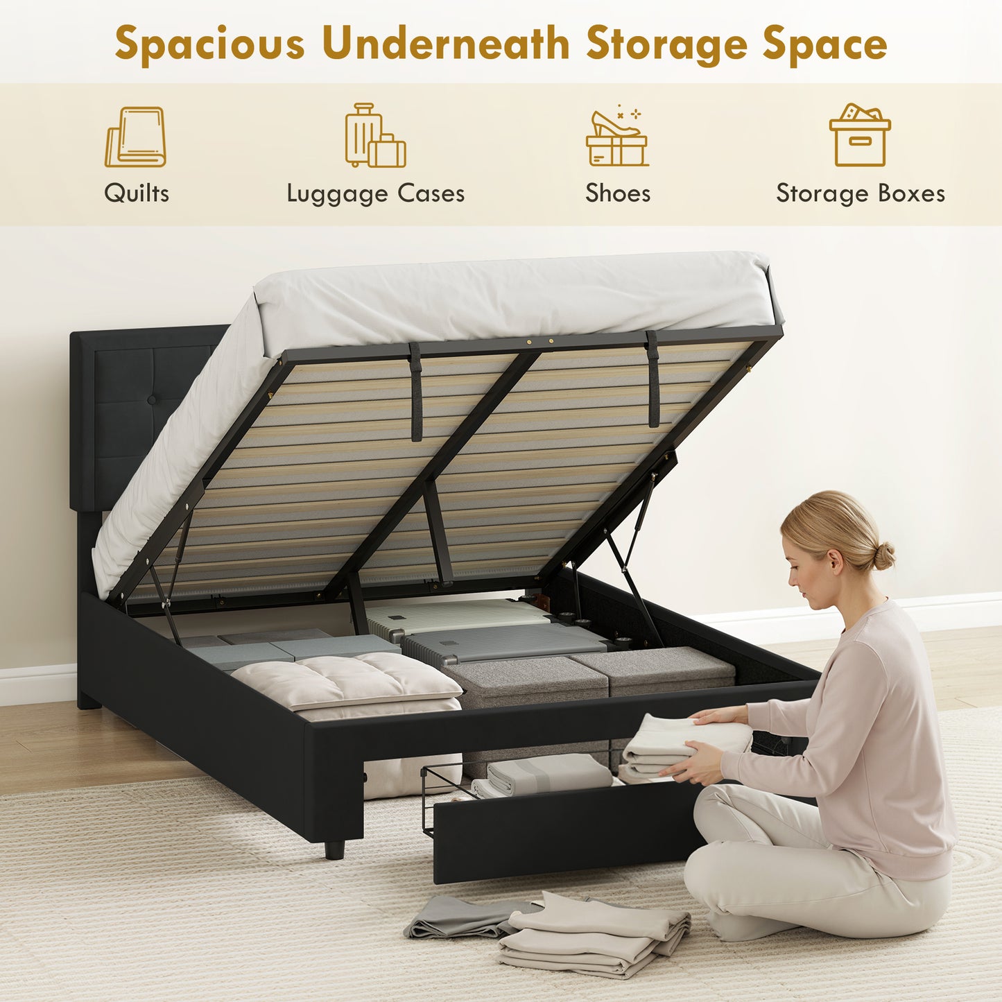 HOMCOM 4ft6 Double Ottoman Bed Frame, with Front Drawer - Black