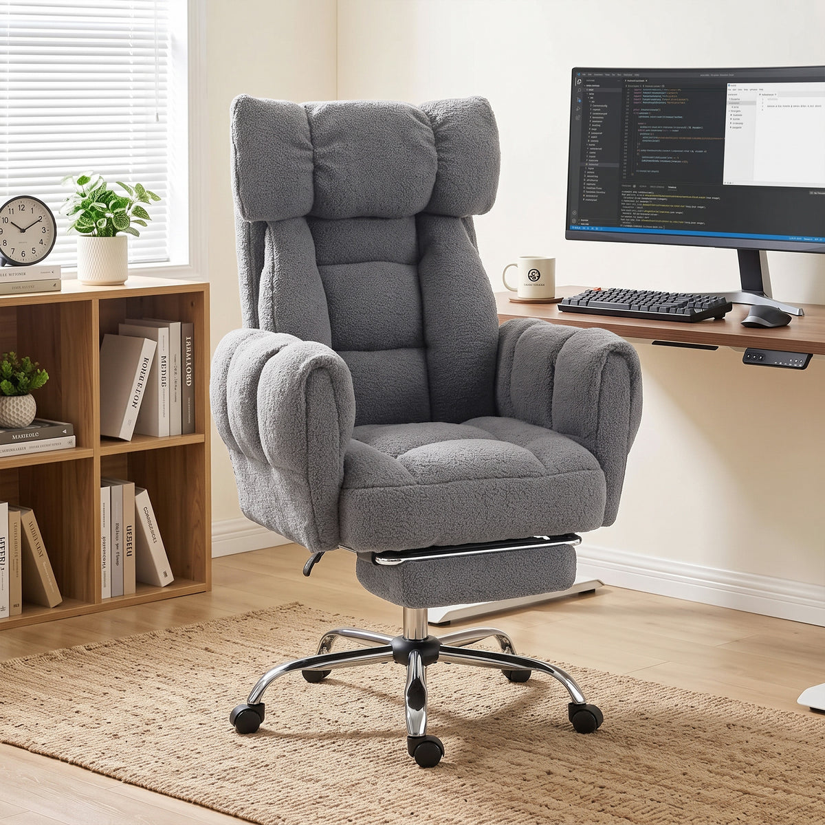 HOMCOM Criss Cross Office Chair with Flip-Up Armrests, Reclining Desk Chair with Wide Seat, Footrest, Wheels, Grey