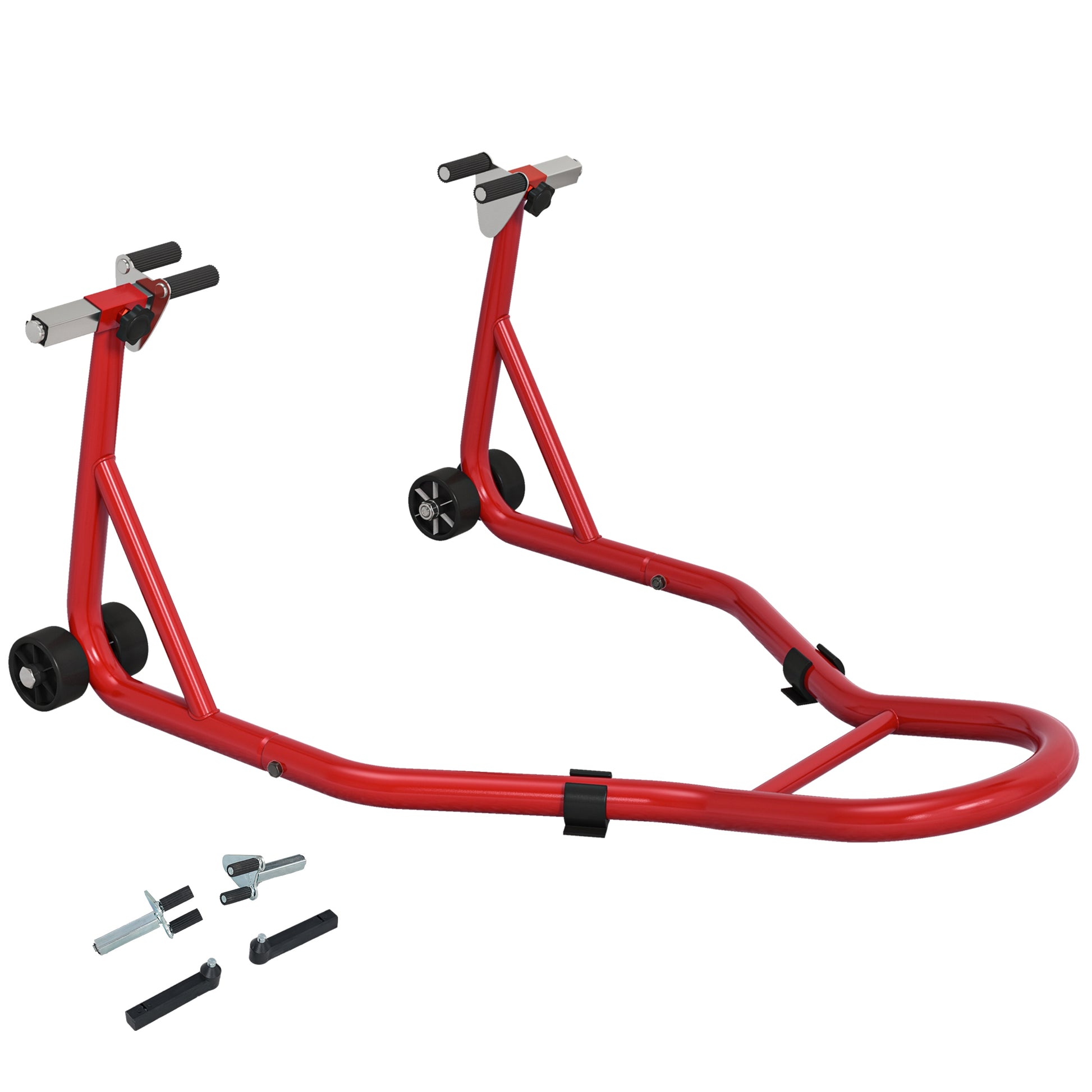 HOMCOM Front Motorcycle Paddock Stand Motorbike Stand with Anti-Slip Mat, Adjustable Pin and Swingarm Spool Adaptors, 200 kg Capacity, for 18", 17" and 10" Tyre, Red