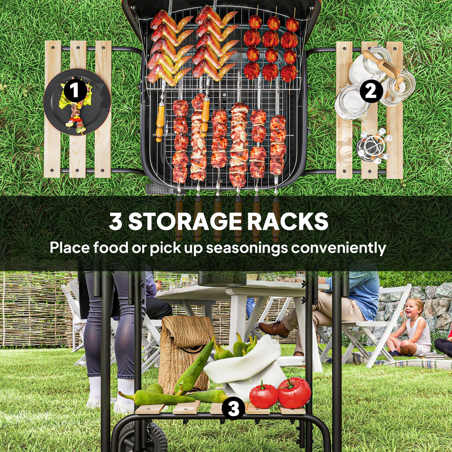 Outsunny Charcoal Barbecue Grill Portable BBQ Grill with 1840 cmÂ² Cooking Area, 3 Shelves, Adjustable Vent, Lockable Lid, Wheels for Outdoor Cooking, Garden Party, Red