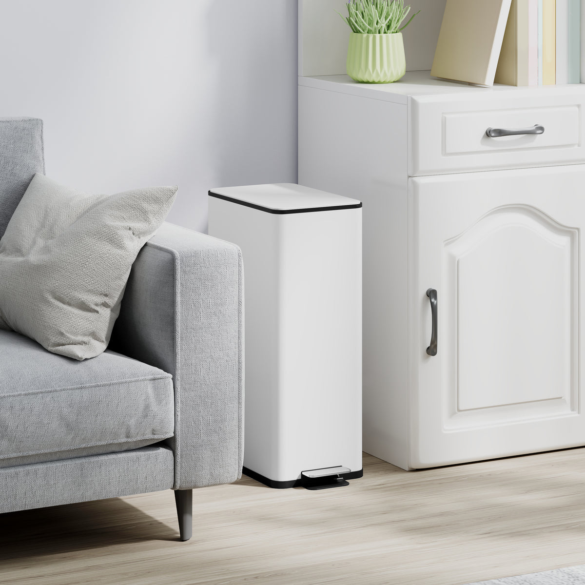 HOMCOM 20L Kitchen Pedal Bin, Slim Stainless Steel Rubbish Bin, Removable Inner Bucket, Soft-Close and Stay-Open Lid, White