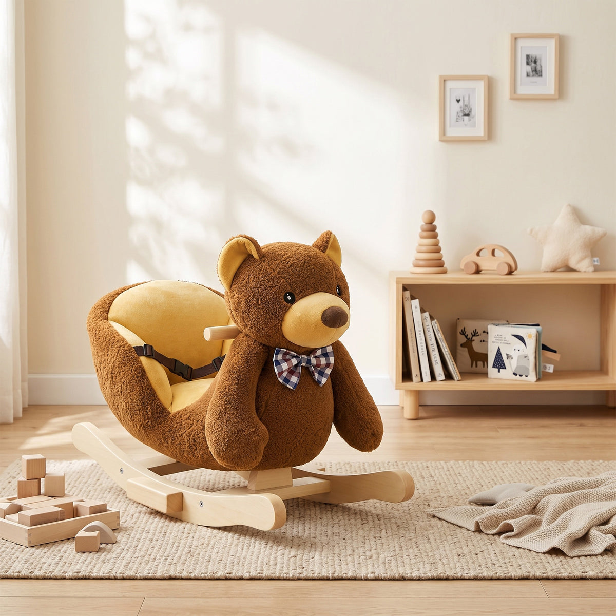 AIYAPLAY Rocking Horse Toy, Cartoon Bear Wooden Ride on Horse with Seat Belt, Music, Pretend Play Toy for Toddlers 18-36 M, Brown