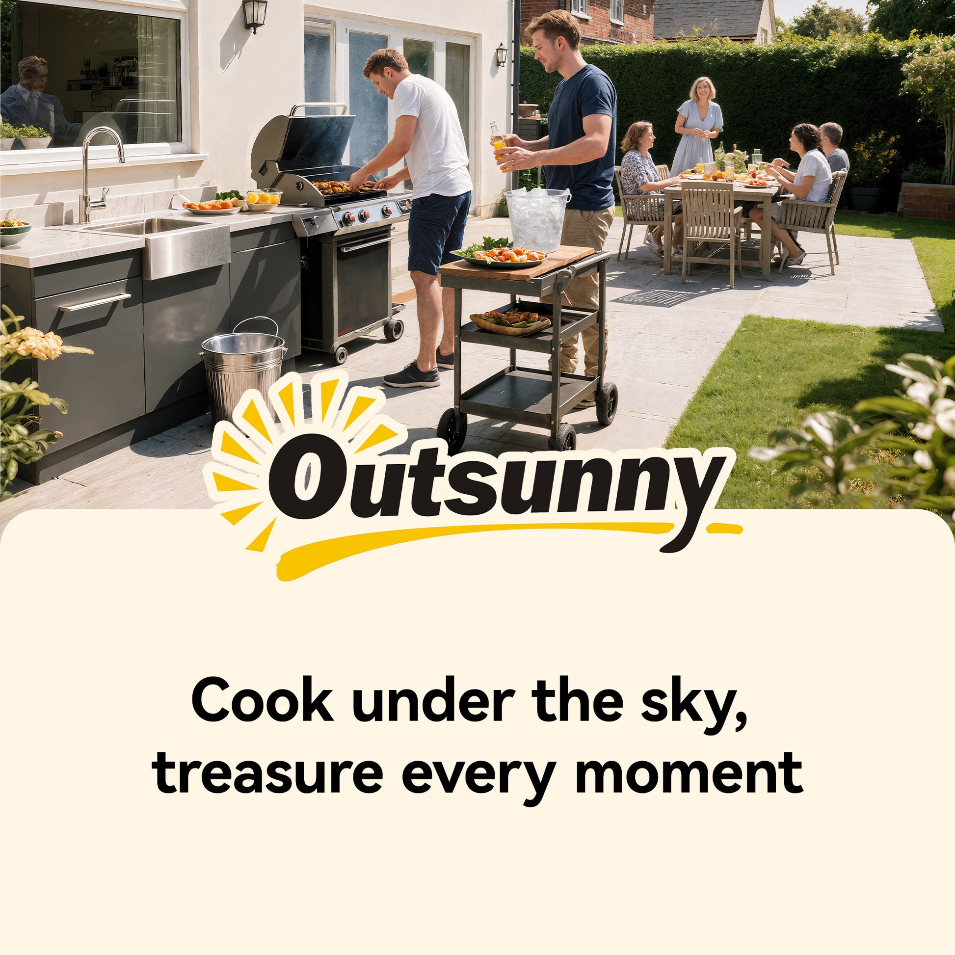 Outsunny Outdoor Grill Cart with Stainless Steel Tabletop, 3-Tier Pizza Oven Stand with 2 Shelves, 6 Hooks, Wheels, Black