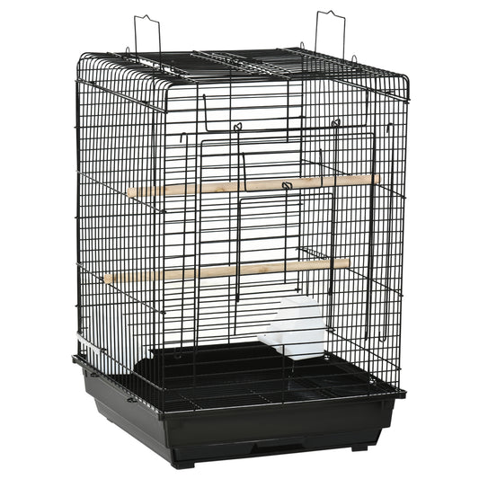 PawHut Steel Bird Cage with Openable Top, Stand, Tray, Handles, Feeding Bowls for Parakeet Cockatiel - Black