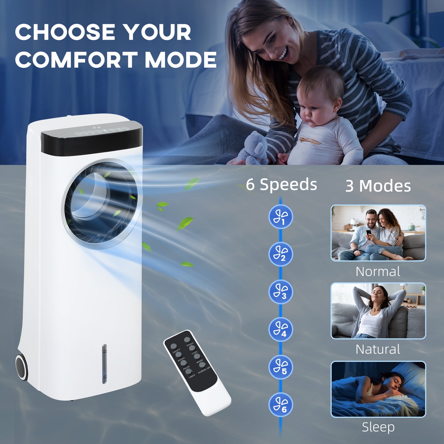 HOMCOM Evaporative Air Cooler, 6.5L 4-in-1 Bladeless Portable Cooler, Fan, Humidifier, Air Clean Anion with Oscillation, 6 Speeds, 24H Timer, Sleep Mode, 2 Ice Packs, Wheels, Remote, for Home Office